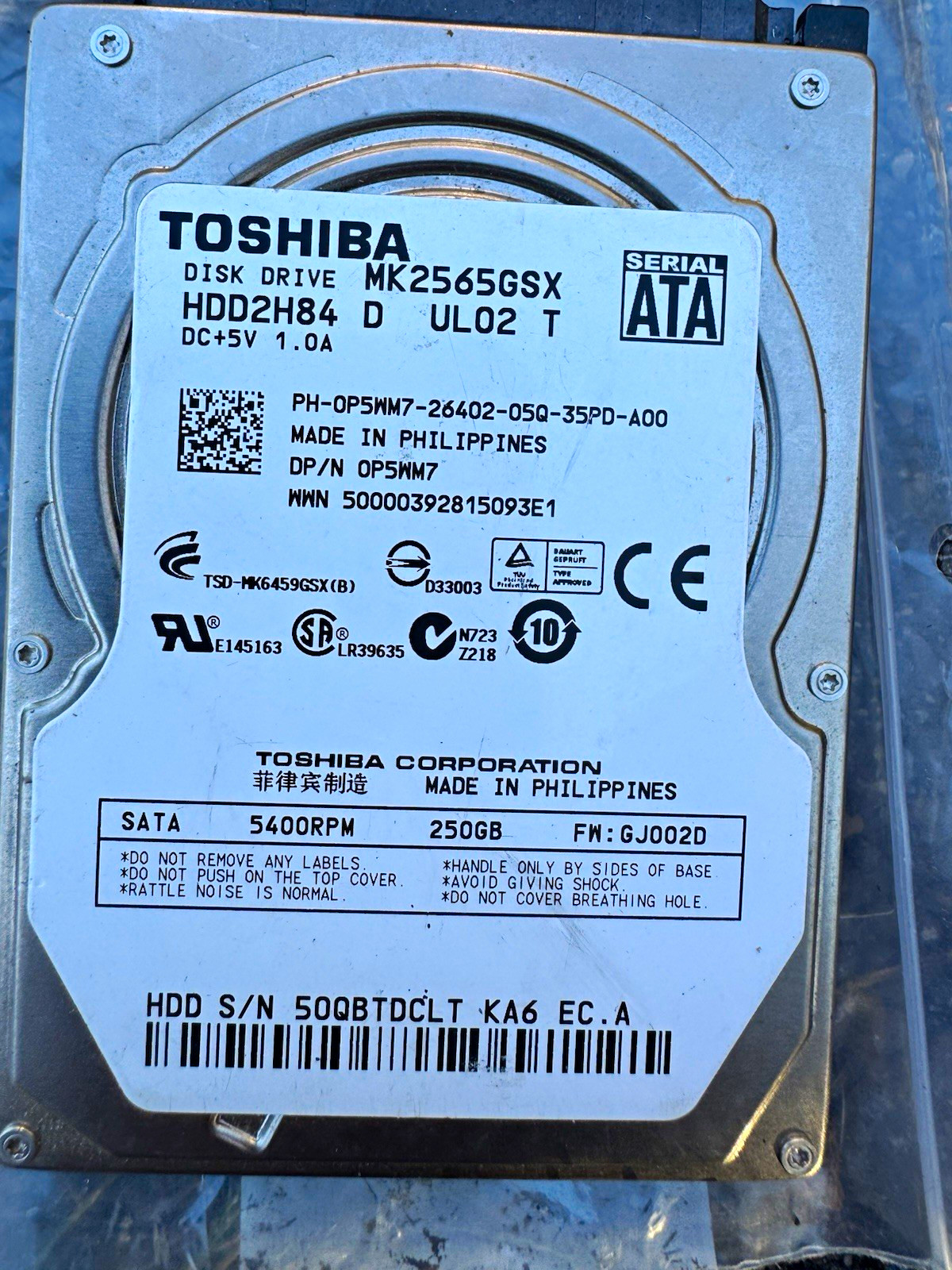 Toshiba MK2565GSX 250GB 2.5" SATA 5400RPM 8MB Internal Laptop HDD