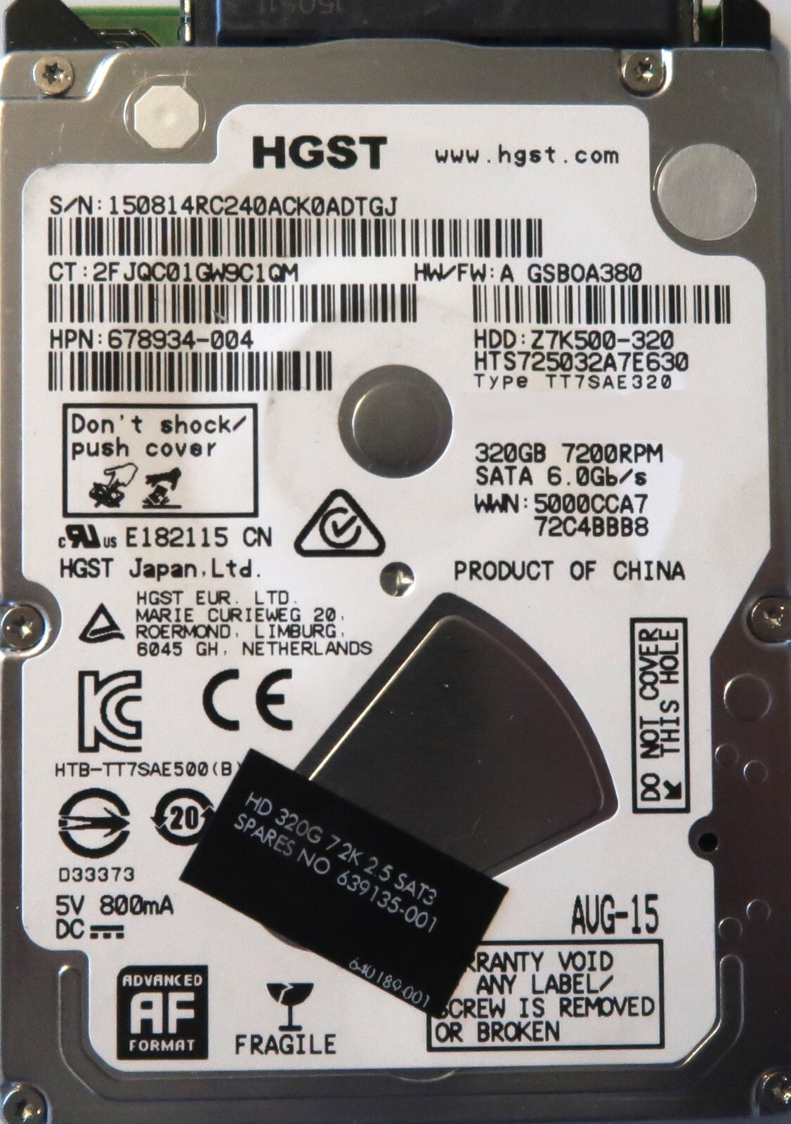 Hitachi HTS725032A7E630 678934-004 TT7SAE320 6Gs 32mb Z7K500-320 2.5" Sata 320gb