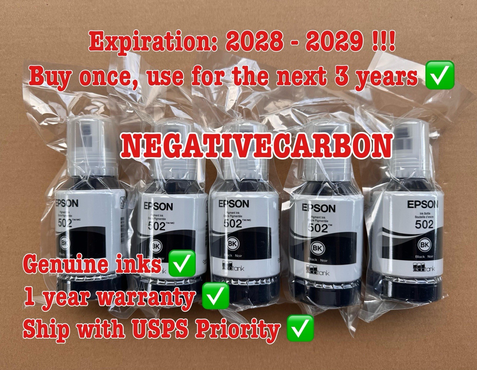 5 x Genuine Epson 502 Black Ink Bottle for ET-2700 ET-2750 ET-3700 ET-3750