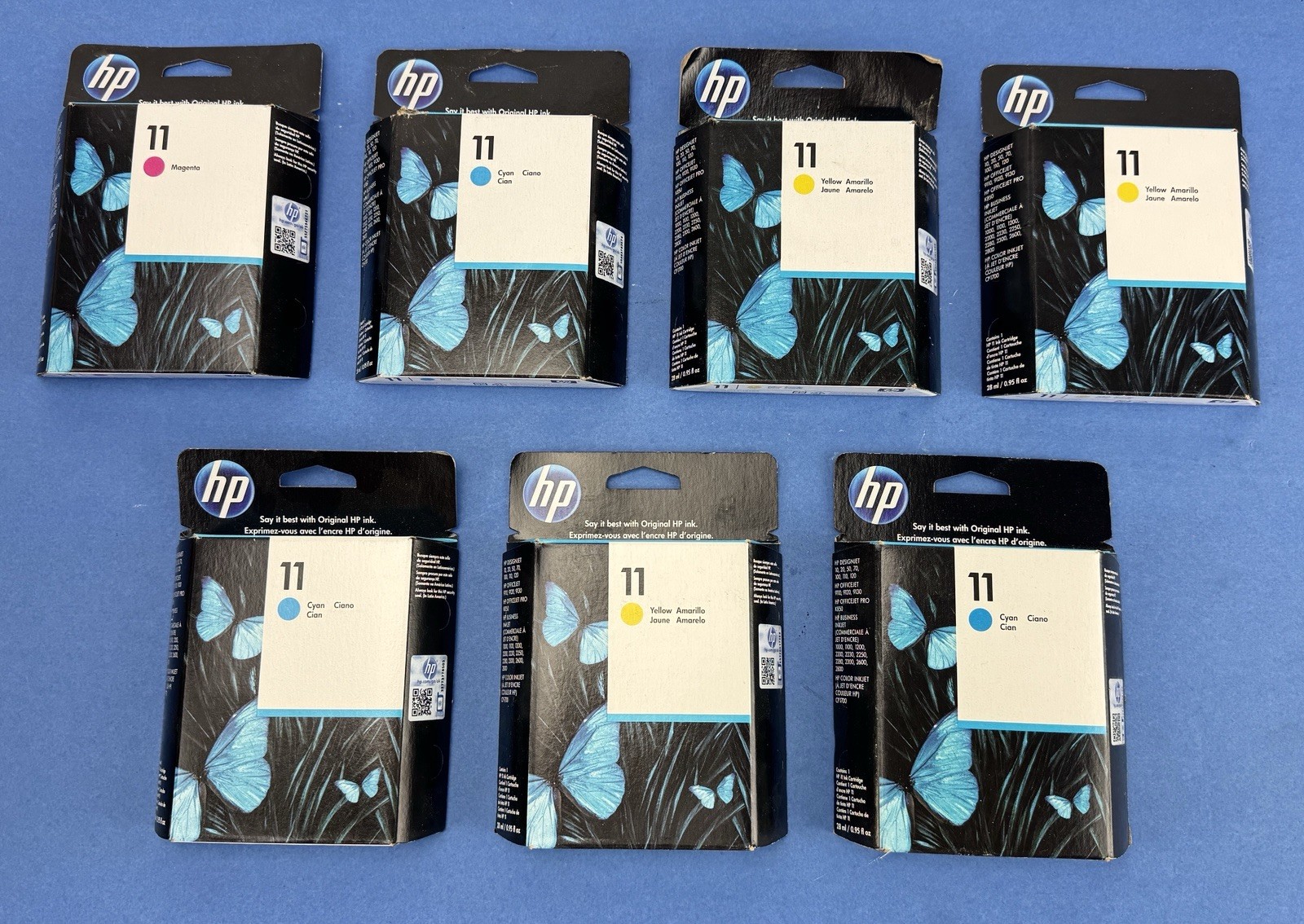 Lot of (7) Genuine HP 11 Ink Cartridges Cyan Magenta Yellow C4836A C4837A C4838A