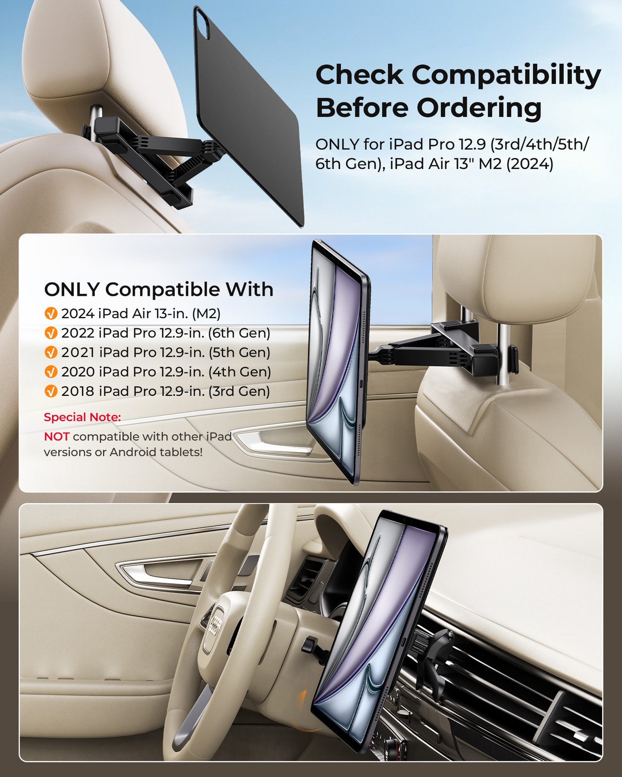 Car Headrest Tablet Magnetic Holder Mount for iPad Pro 11" 12.9" 13 Air M2/M3/M4