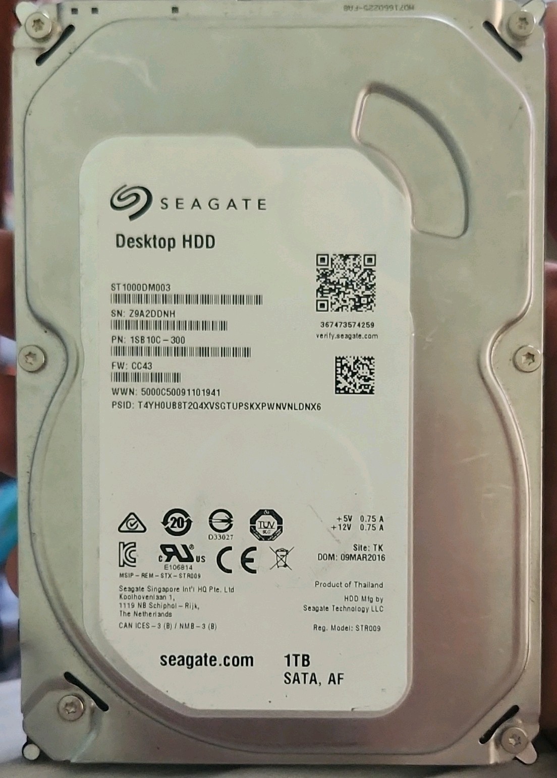 Seagate ST1000DM003 1SB102-500 CC43 (Z9A) TK Thailand 1TB 3.5" Sata HDD OCT/2016