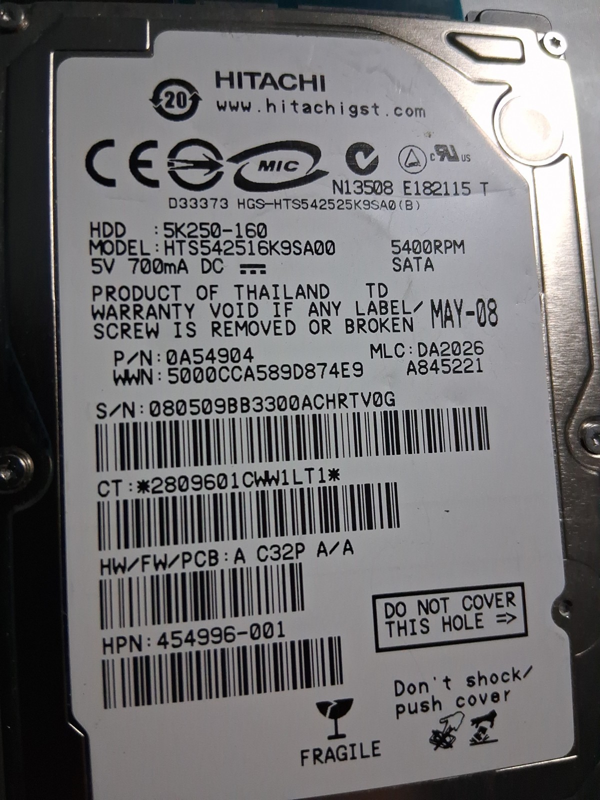 Hitachi 5K250-160 HTS542516K9SA00 160GB Laptop Hard Drive 2.5"