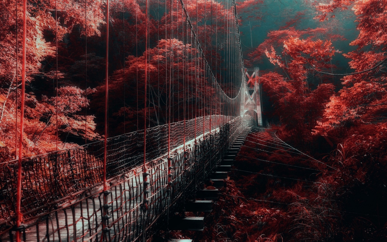 Landscape nature red forest bridge mist trees Custom Gaming Mat Desk