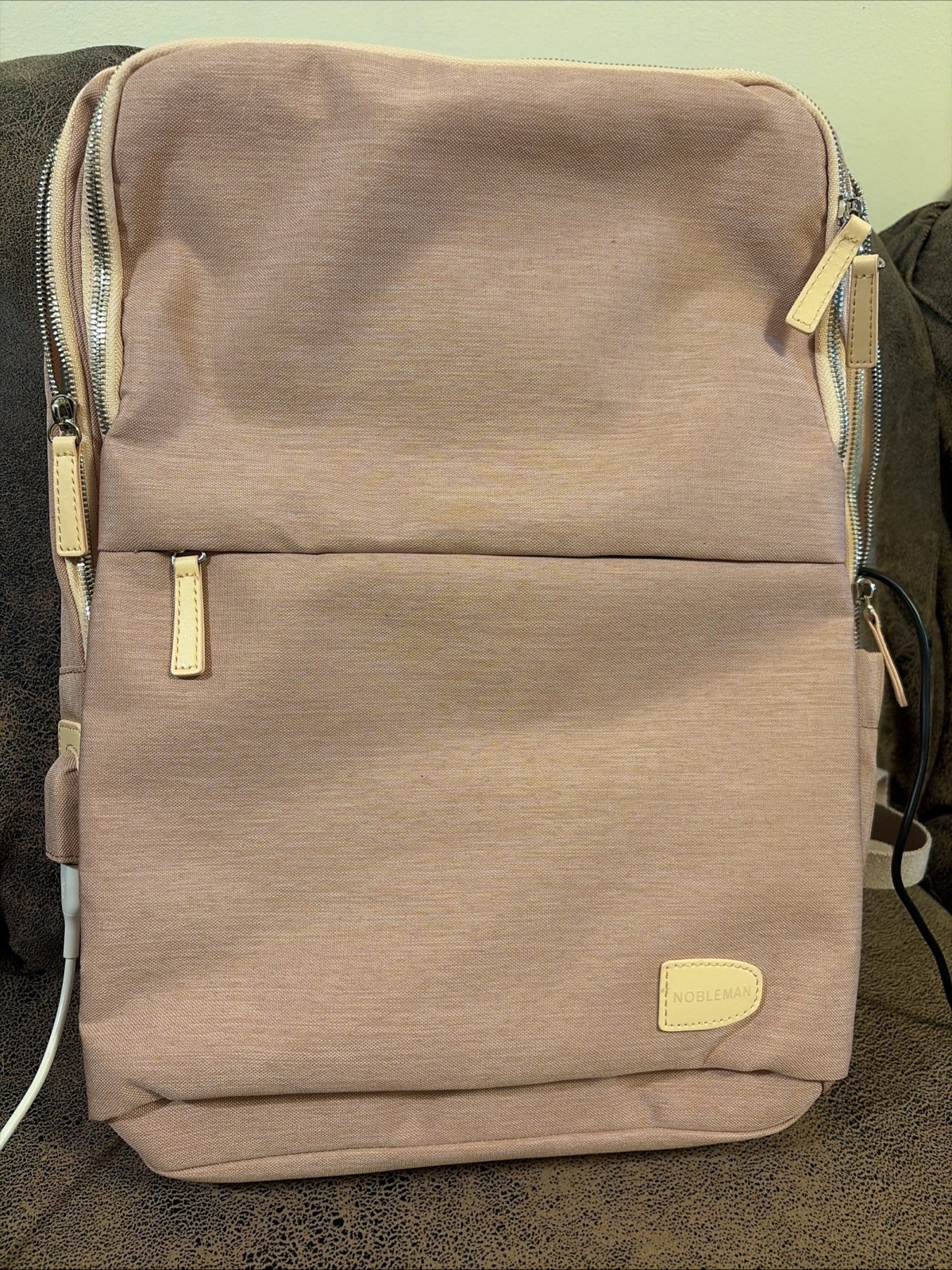 NOBLEMAN Backpack for women and man,Waterproof travel work Beige -pink Plus  USB