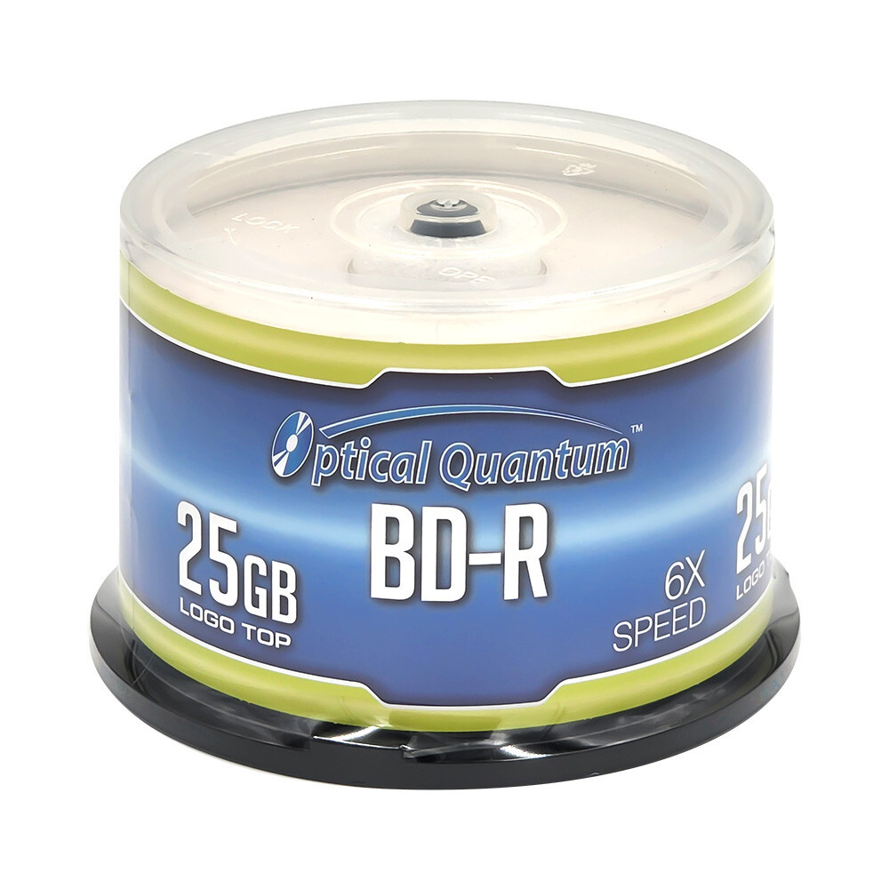50 Optical Quantum 6x 25GB Blue Blu-ray BD-R Logo Top Disc cake box OQBDR06LT-50