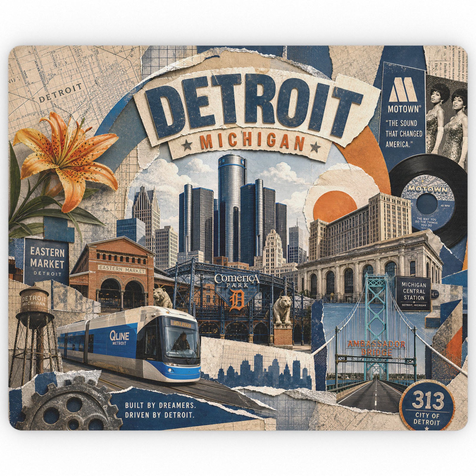Detroit Michigan Mouse Pad Motor City Skyline Rubber Desk Mat Souvenir Gift