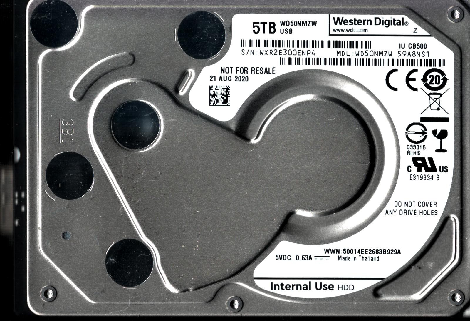 WD50NMZW-59A8NS1 S/N: WXR2E WESTERN DIGITAL 5TB THAILAND AUG 2020