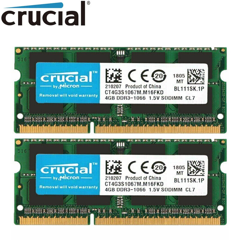 Crucial 8GB KIT 2X 4GB DDR3 1066MHz PC3 8500S Laptop 204Pin SODIMM Memory  Ram