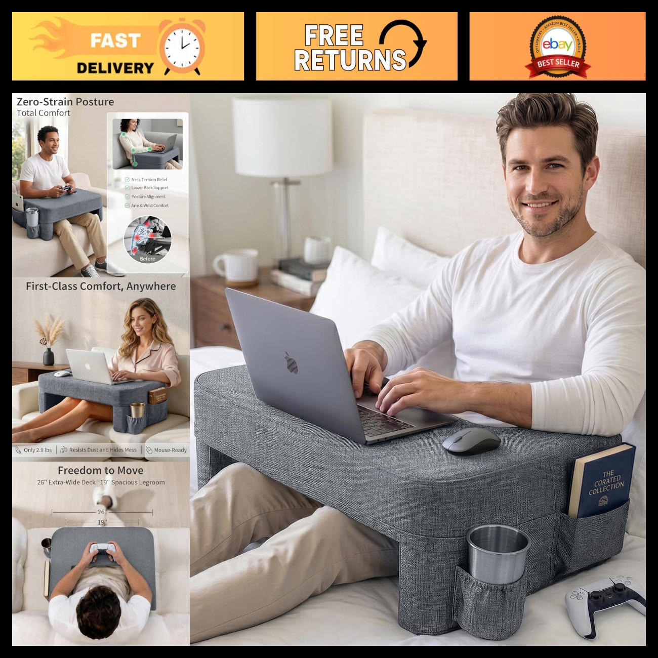 Extra Wide 26" Lap Desk Pillow for Laptop, Couch & Bed - Portable & Comfortable
