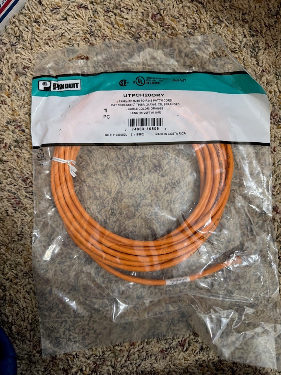 Panduit UTPCH20ORY Cat-5E 20ft Patch Cord Orange