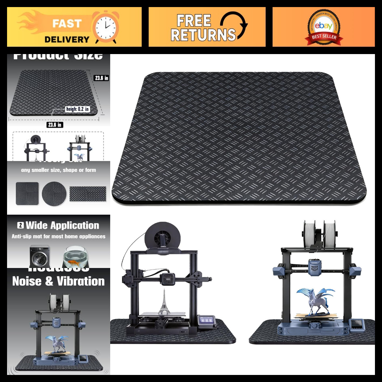 Large 3D Printer Mat 23.6''x23.6'' - Silicone Anti-Vibration Pad, Non-Slip Dampi