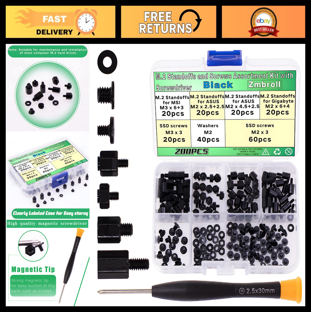 200Pcs M.2 Screw Kit - Black SSD Mounting Screws for NVMe Laptops & Motherboards