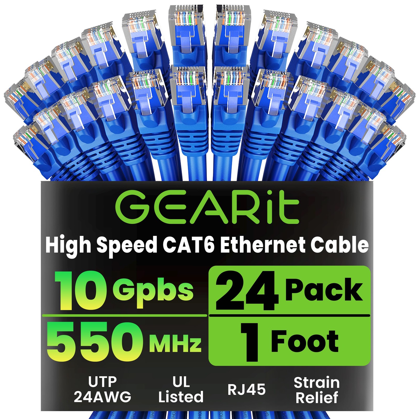 GEARit Cat6 Patch Cables Cat 6 Ethernet Cable 1 ft 24-Pack Blue 1 Foot,