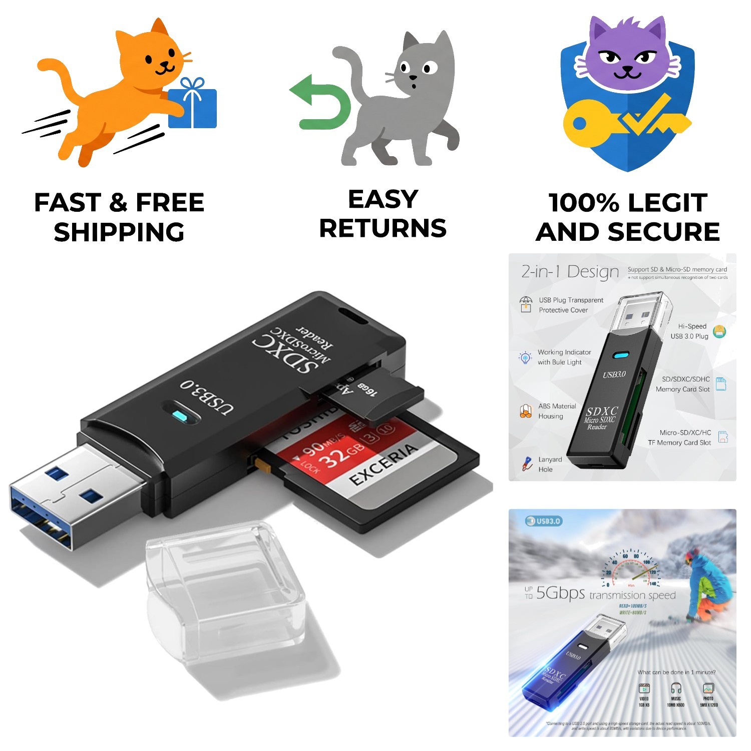 High-Speed 2-in-1 SD and Micro SD Card Reader with USB 3.0 Connectivity