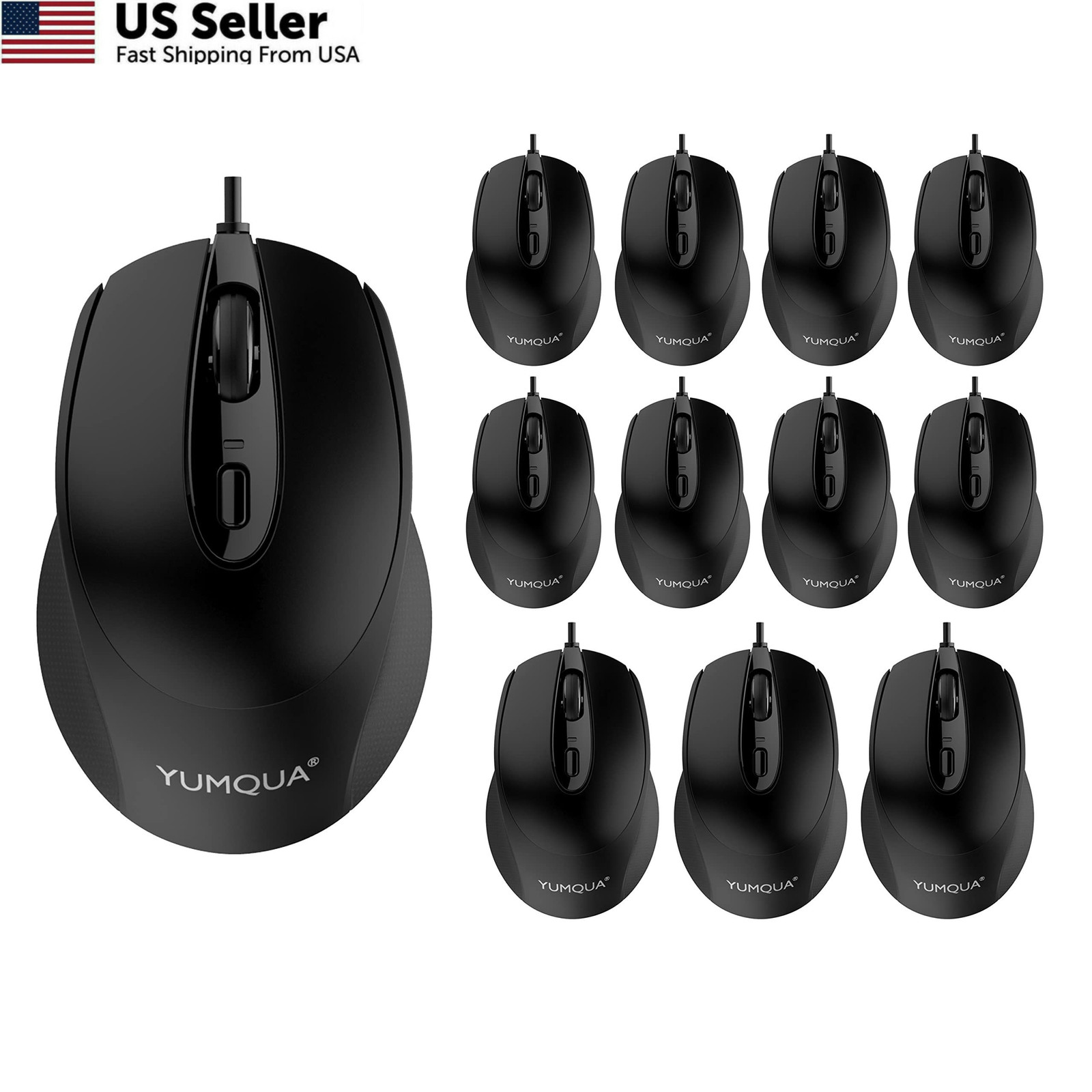 YUMQUA Wired Mouse Silent USB Corded for Computer MacBook 12Pack, Black