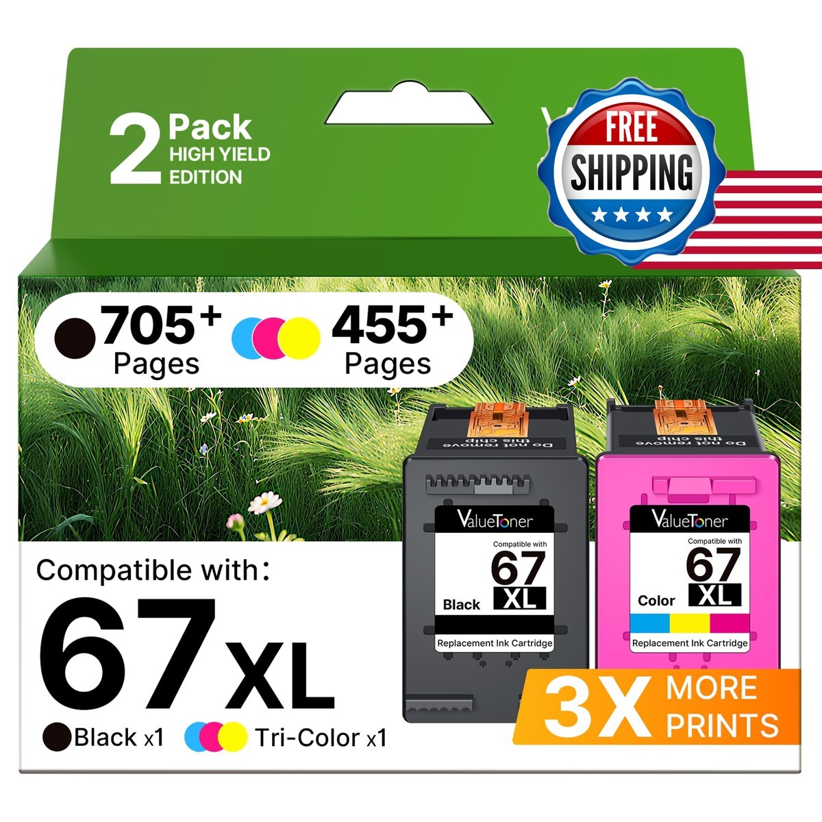 Valuetoner 67XL Ink Cartridges Black/Color Combo Pack 2-Pack