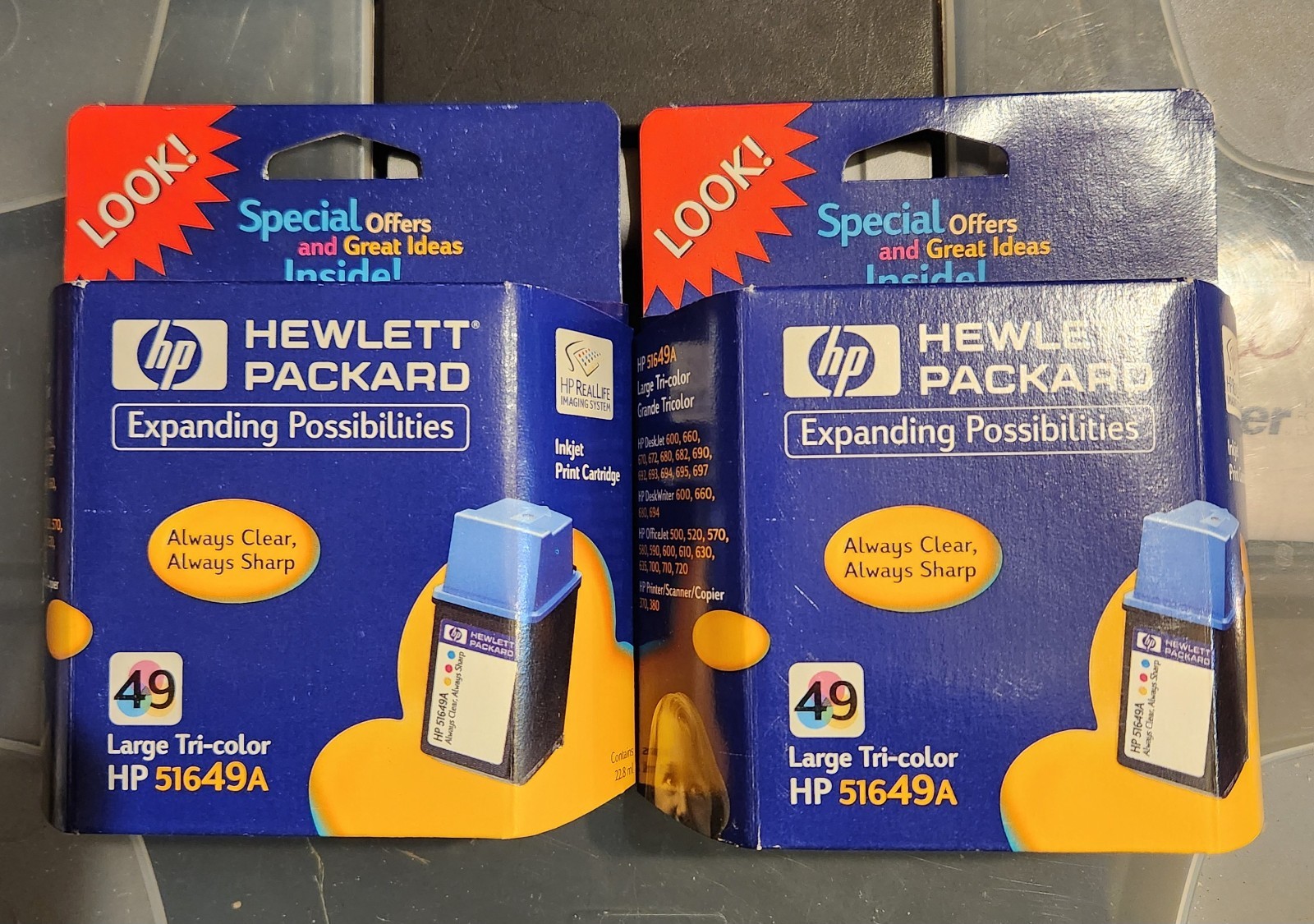 Lot Of 2 HP 51649A 49 Large Tri-color Inkjet Print Cartridges exp Nov 2000 NOS