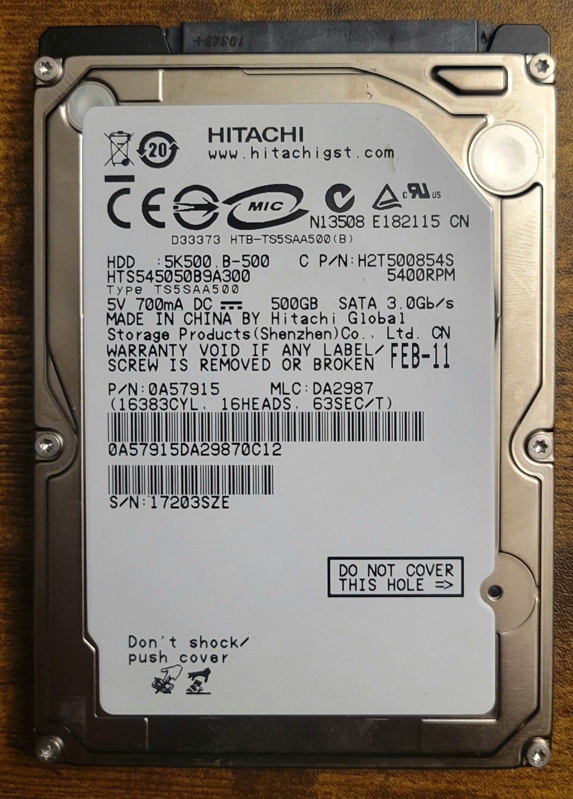 Hitachi 500GB 5400 SATA Internal Hard Drive HDD 2.5" Tested & Working Excellent