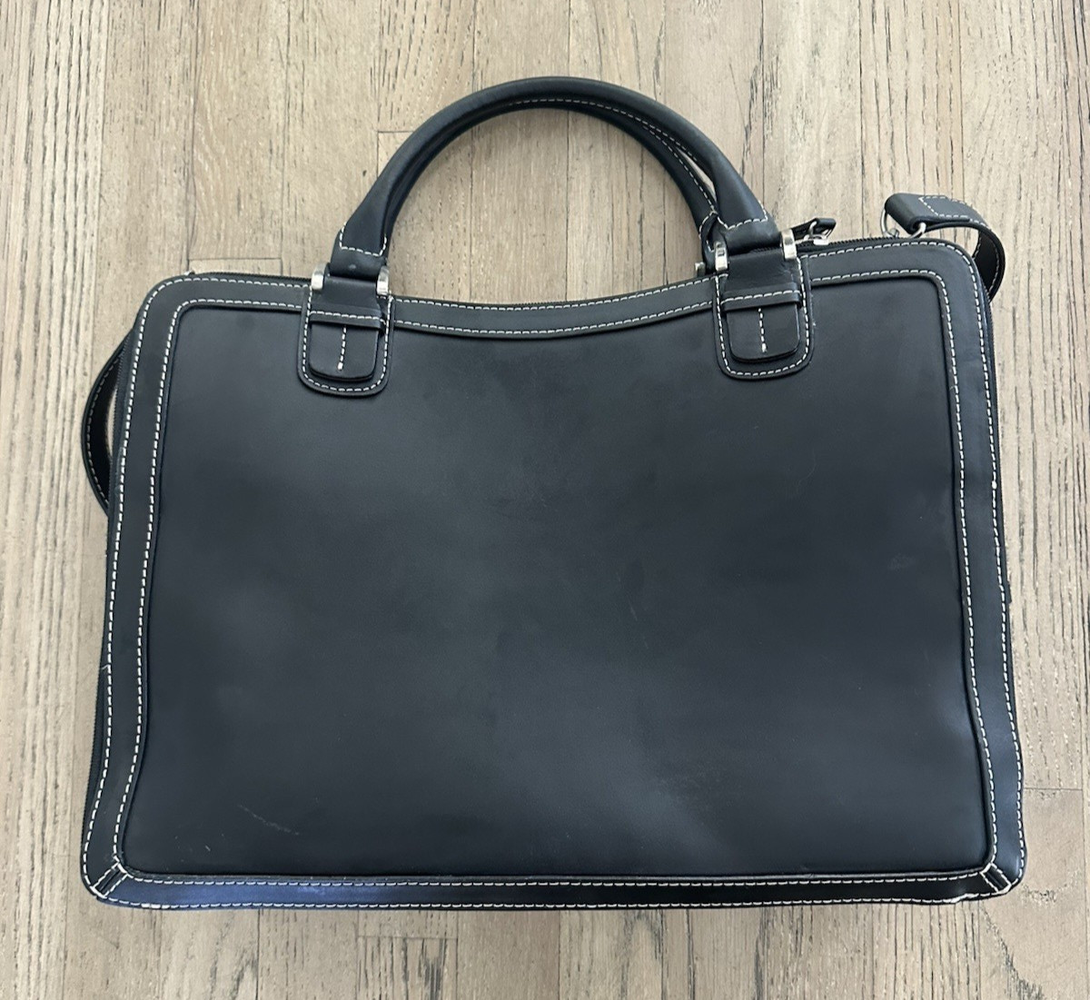 Franklin Covey Black Genuine Leather Briefcase Travel Bag 15x11x4" Strap #28934