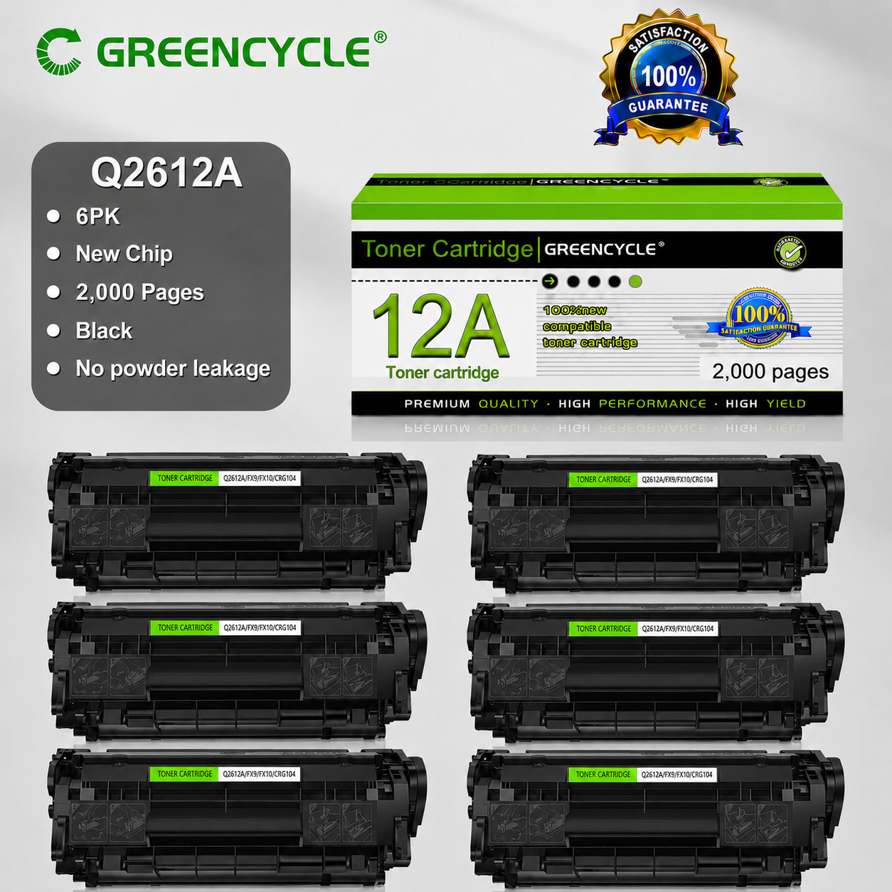 GREENCYCLE - 6 PACK Q2612A 12A Black Toner for HP LaserJet 1010 1012 1015 1020