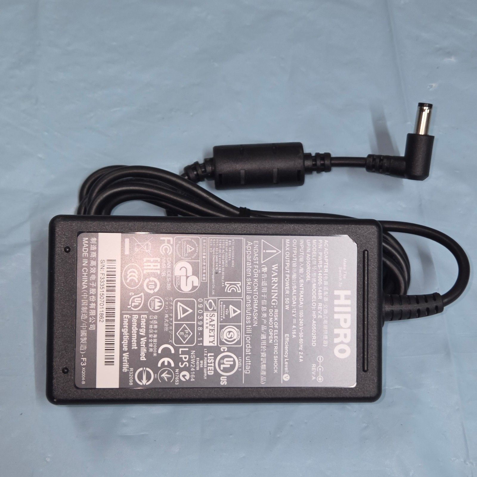 Genuine HIPRO PWRS-14000-148R 12V 4.16A 50W AC Adapter Zebra Motorola