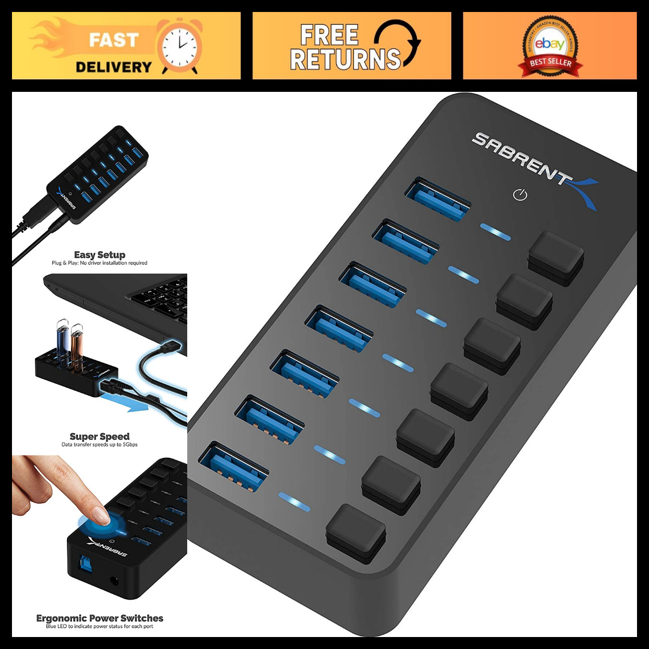 36W 7-Port Powered USB 3.0 Hub with Switches & LEDs - High-Speed Data Transfer