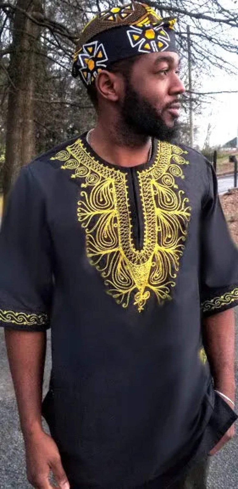 Black and Yellow African Embroidered Dashiki Shirt-DP3781Y | African Fashion | D