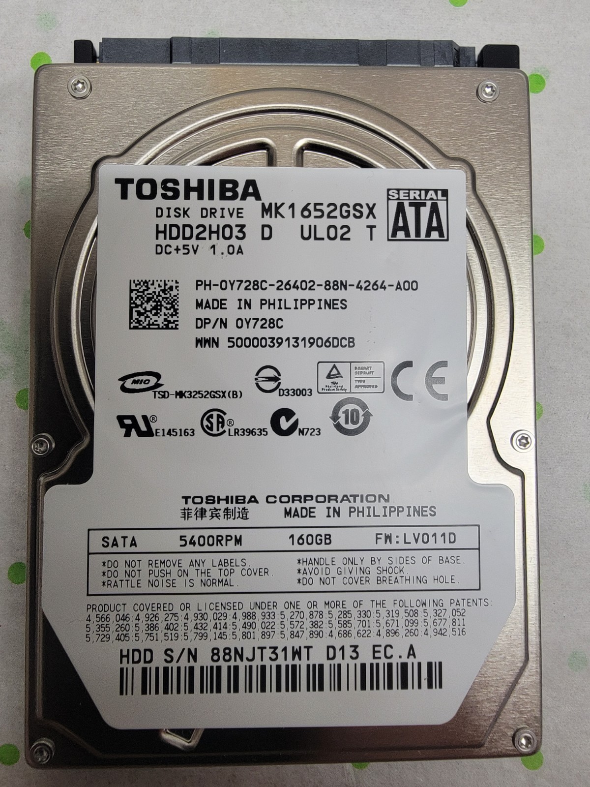 Toshiba MK1652GSX 160GB 2.5” SATA Hard Drive HDD - HDD2H03 - 5400PM