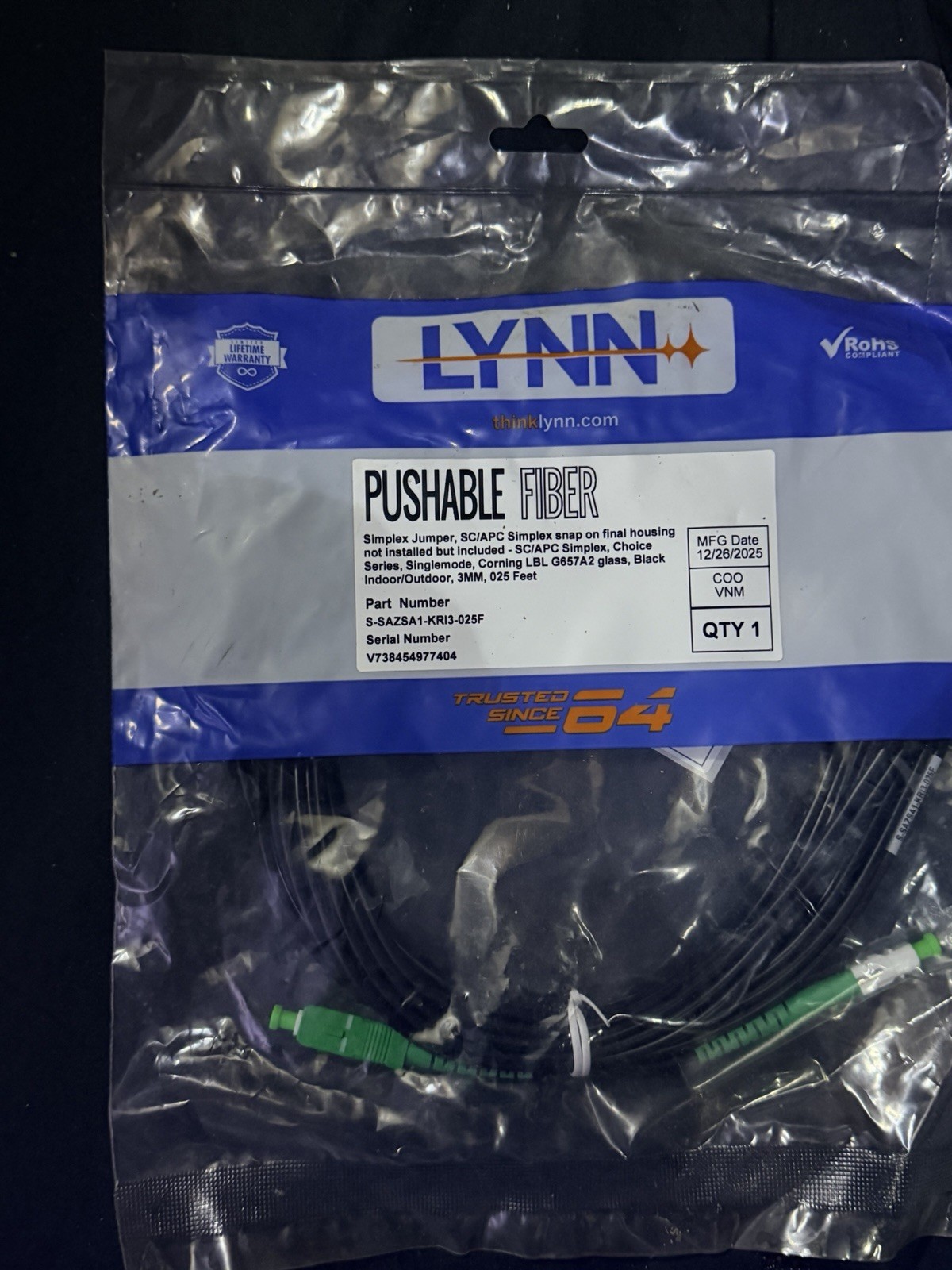 LYNN Pushable Fiber Optical Network Cable SC/APC-SC/APC Simplex 25 ft Black