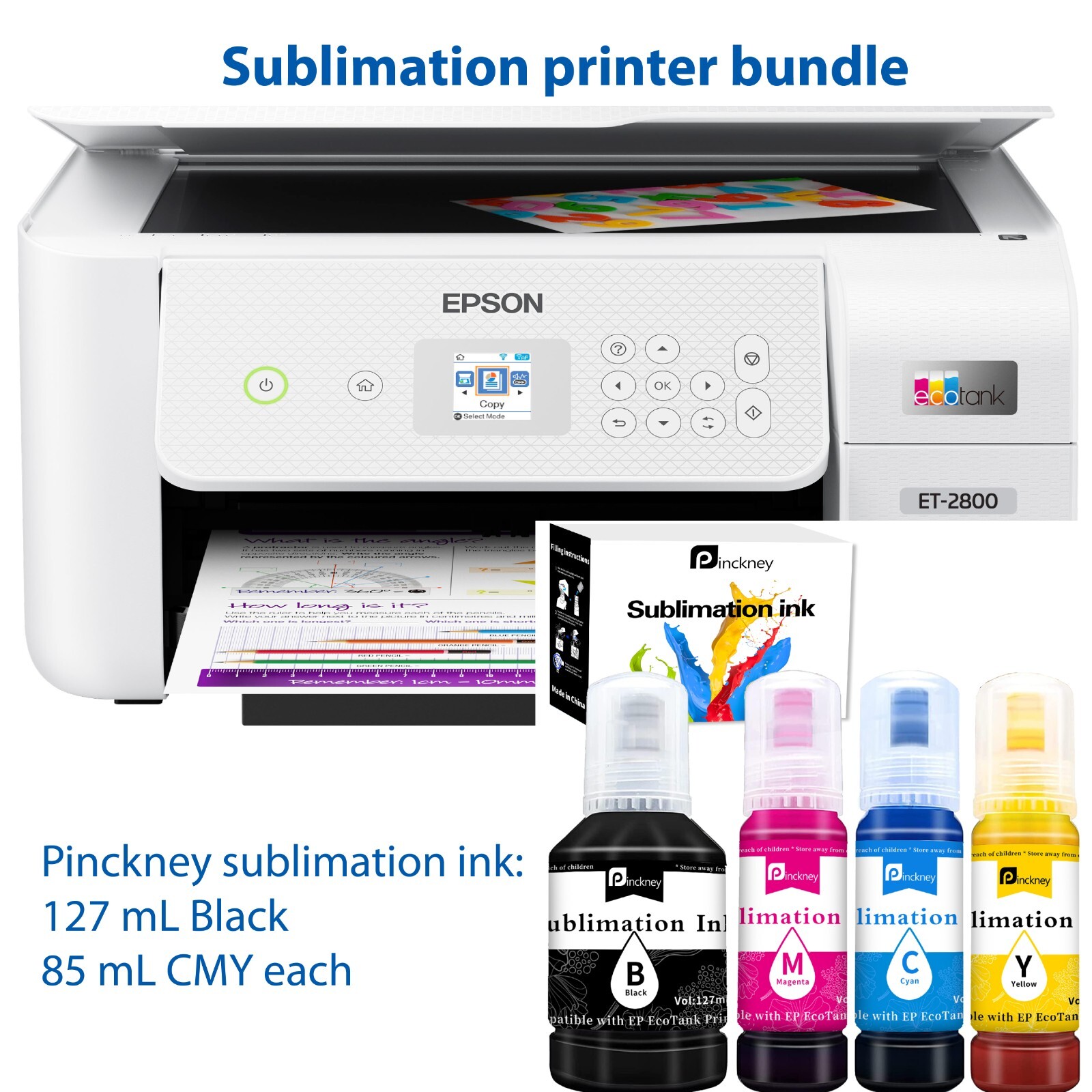 Espon EcoTank Printer With Sublimation Ink Bottles Bundle - White