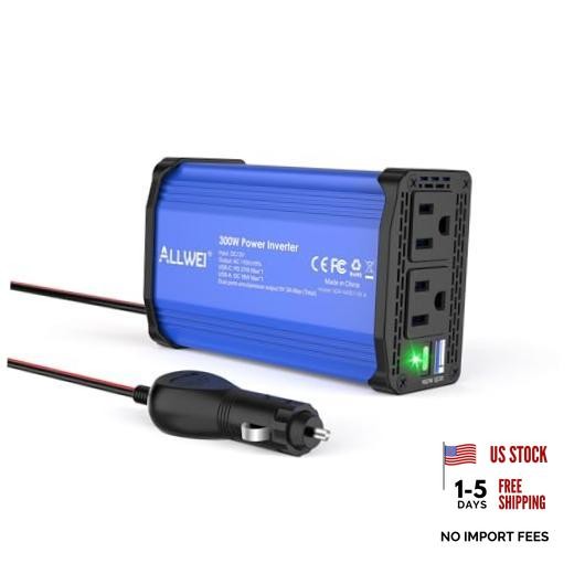 300W Car Power Inverter 12V DC to 110V AC Car Inverter-Blue PD27W-Blue