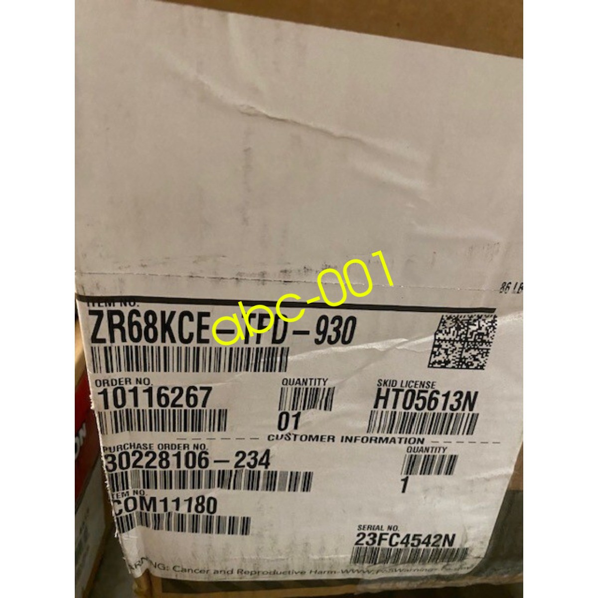 Copeland ZR68KCE-TFD-930 3 PH R-22,68000 BTU 460v Compressor New HMD0