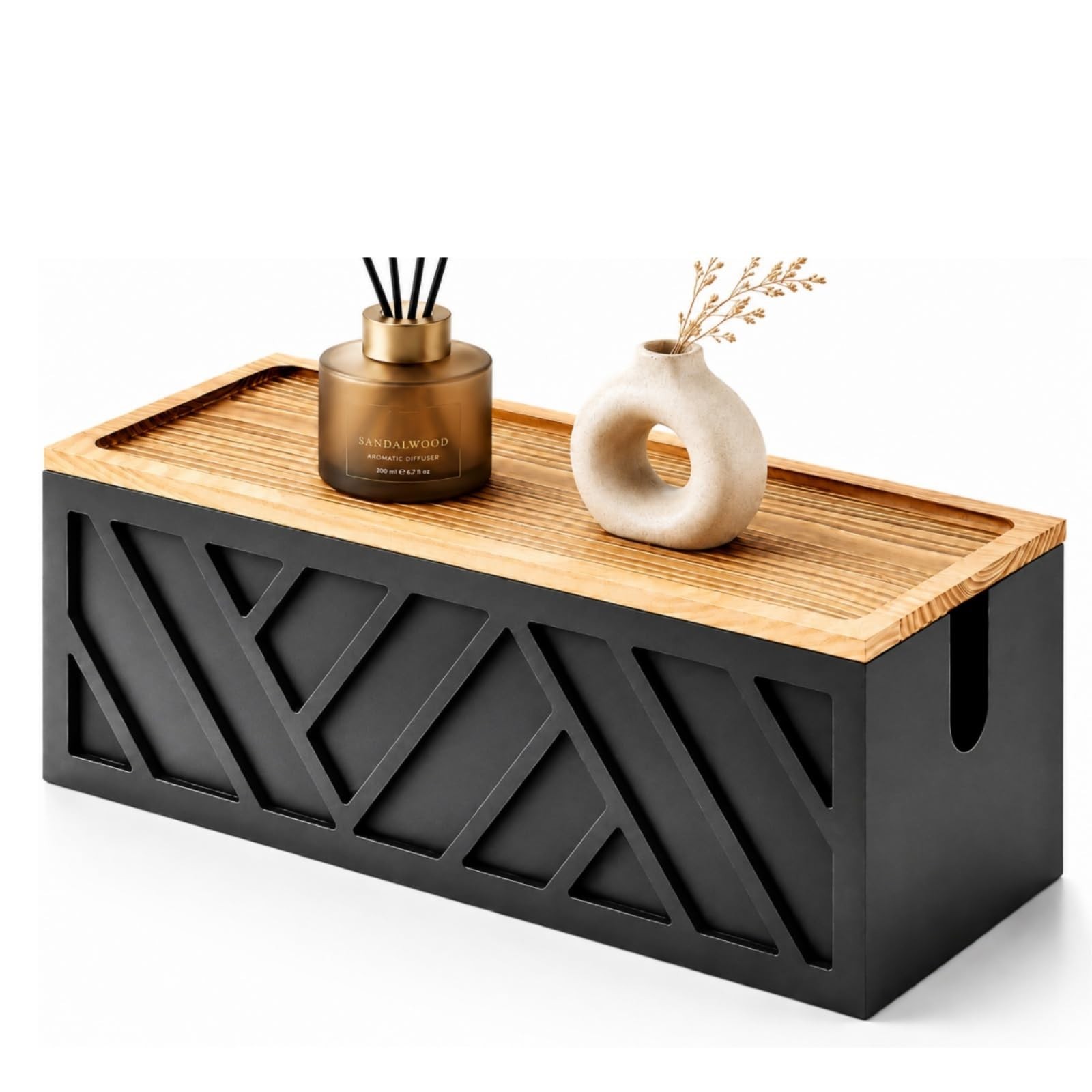 Large Black Geometric Wooden Cable Management Box - Organizer for Cords & Wires