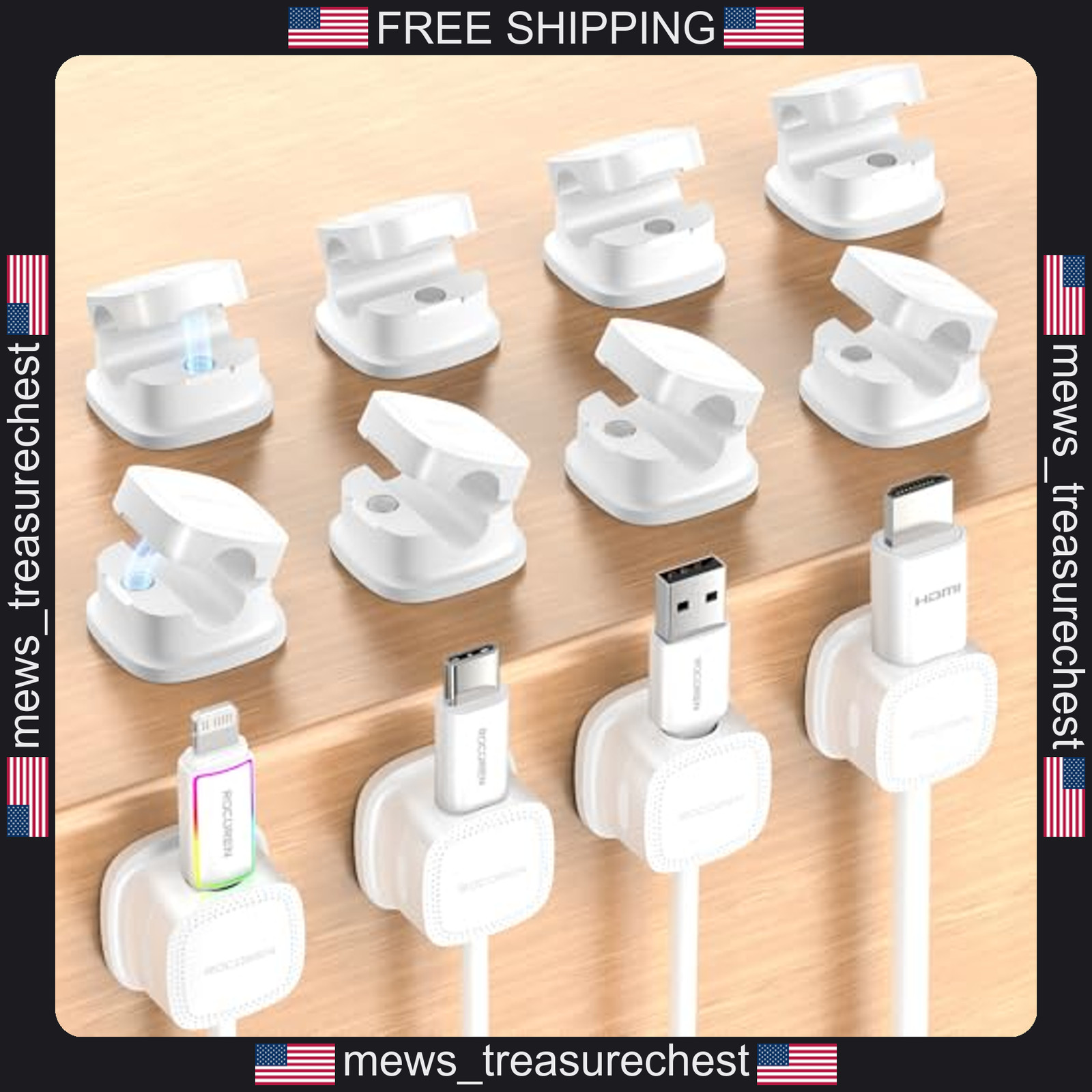 Magnetic Cable Clips 12-Pack, Adjustable, Reusable Adhesive, for USB HDMI