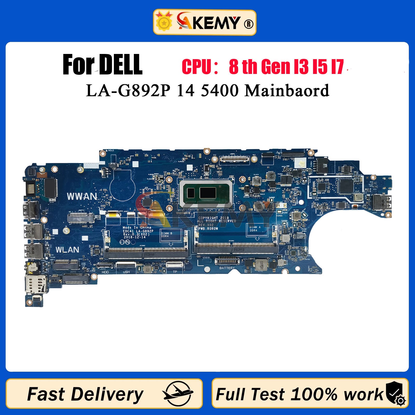 For Dell 5400 LA-G892P Motherboard with I5 I7 8th Gen 06RVRC 05T75M 100% test