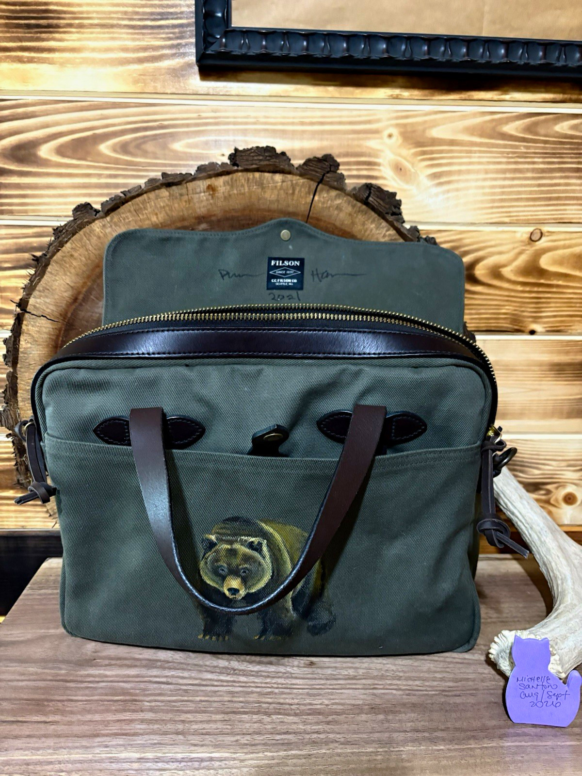 Filson Green Canvas Briefcase w/ Leather Trim, Adjustable Strap, 15 in