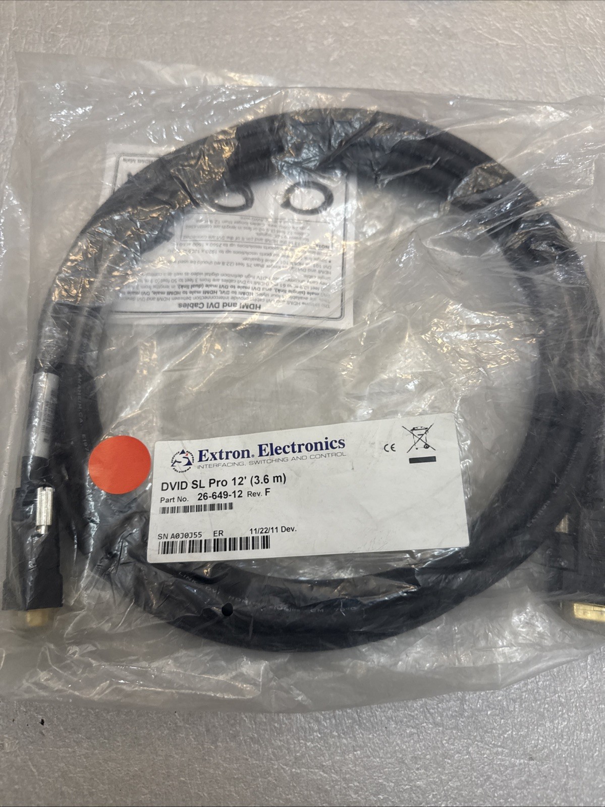 NEW Extron DVID SL PRO 12' (3.6 m) Part 26-649-12 Rev F Single Link DVI-D Cable