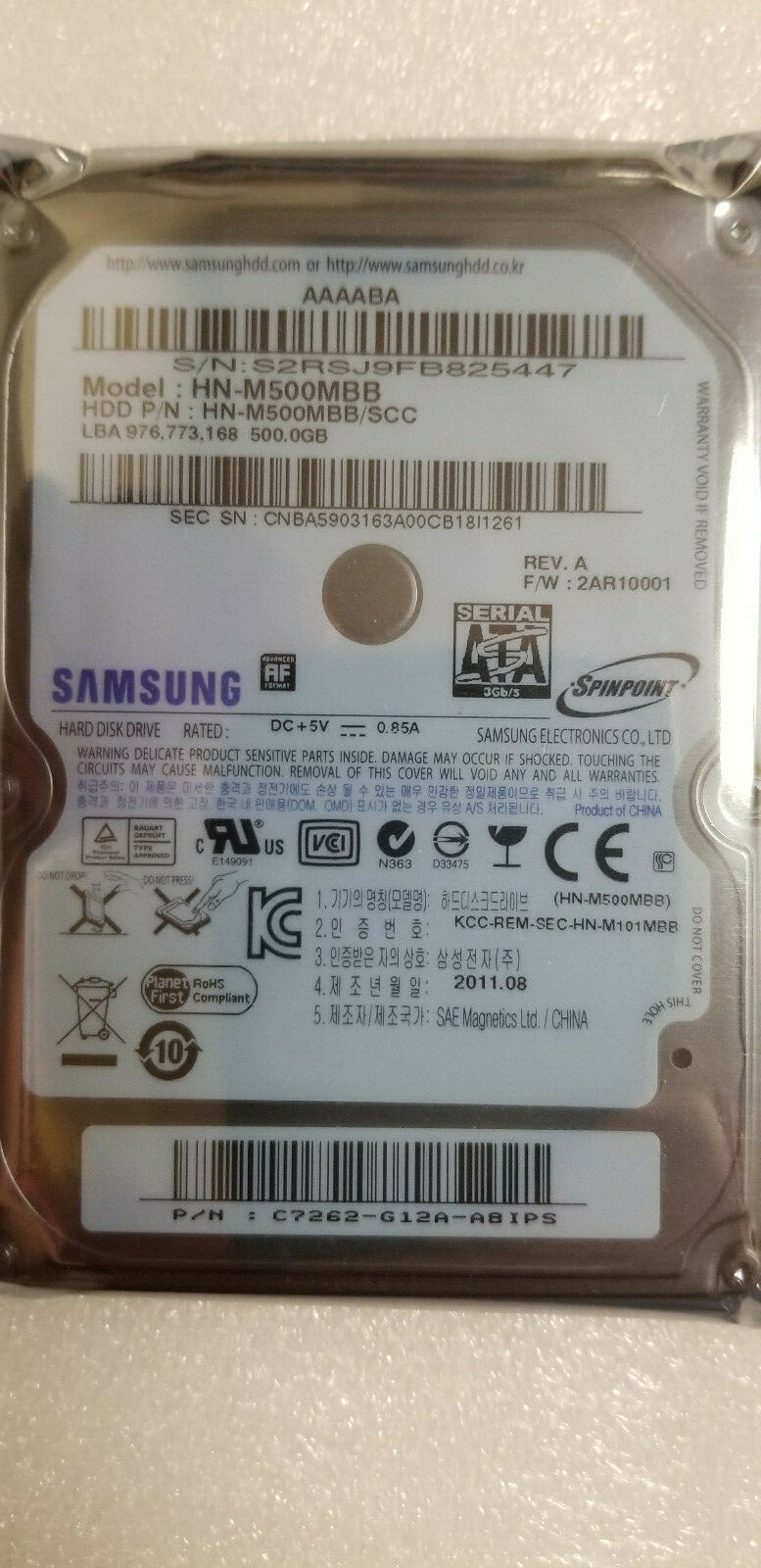 NEW Samsung HN-M500MBB/SCC  500GB 2.5" Hard Drive FW: 2AR10001 HN-M500MBB