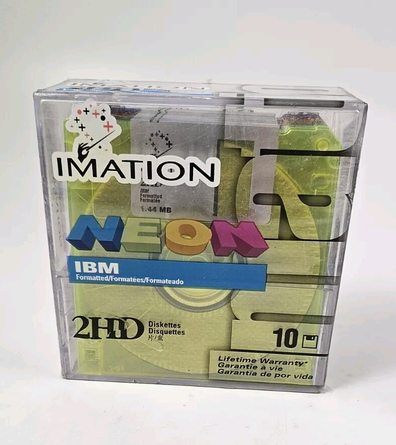 Imation 10 Pack NEON Formatted Diskettes IBM 2HD 1.44 MB Acrylic Box NEW