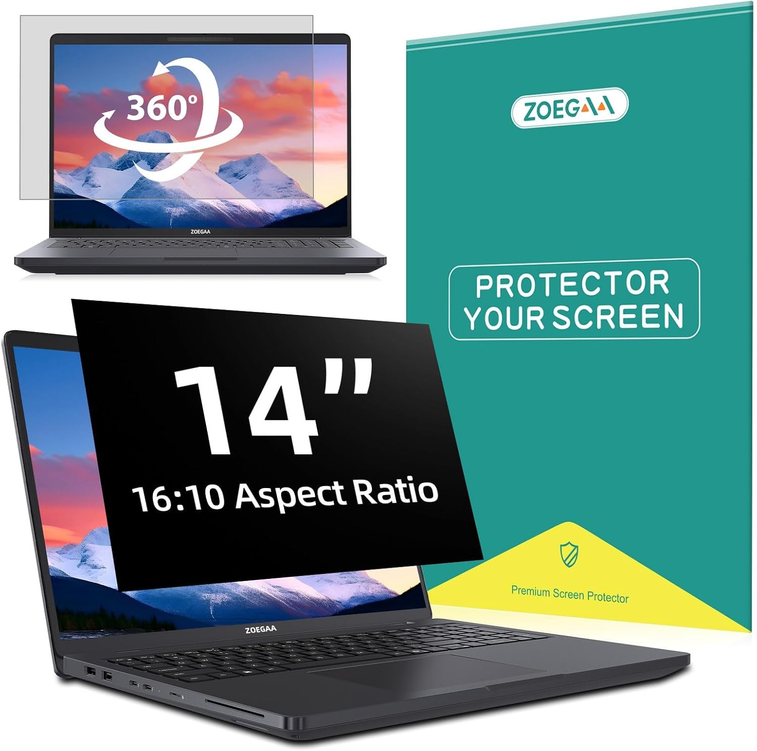 Removable 4-way 360° Privacy Screen for 14 Inch 16:10 Laptops, Anti-Glare Filter