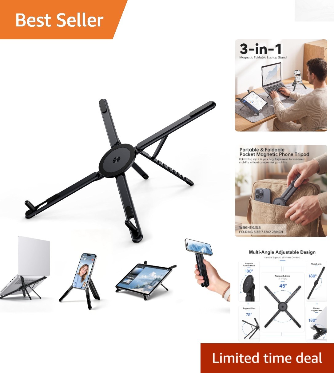 3-in-1 Portable Laptop & Tablet Stand - Ergonomic with Carry Case Included