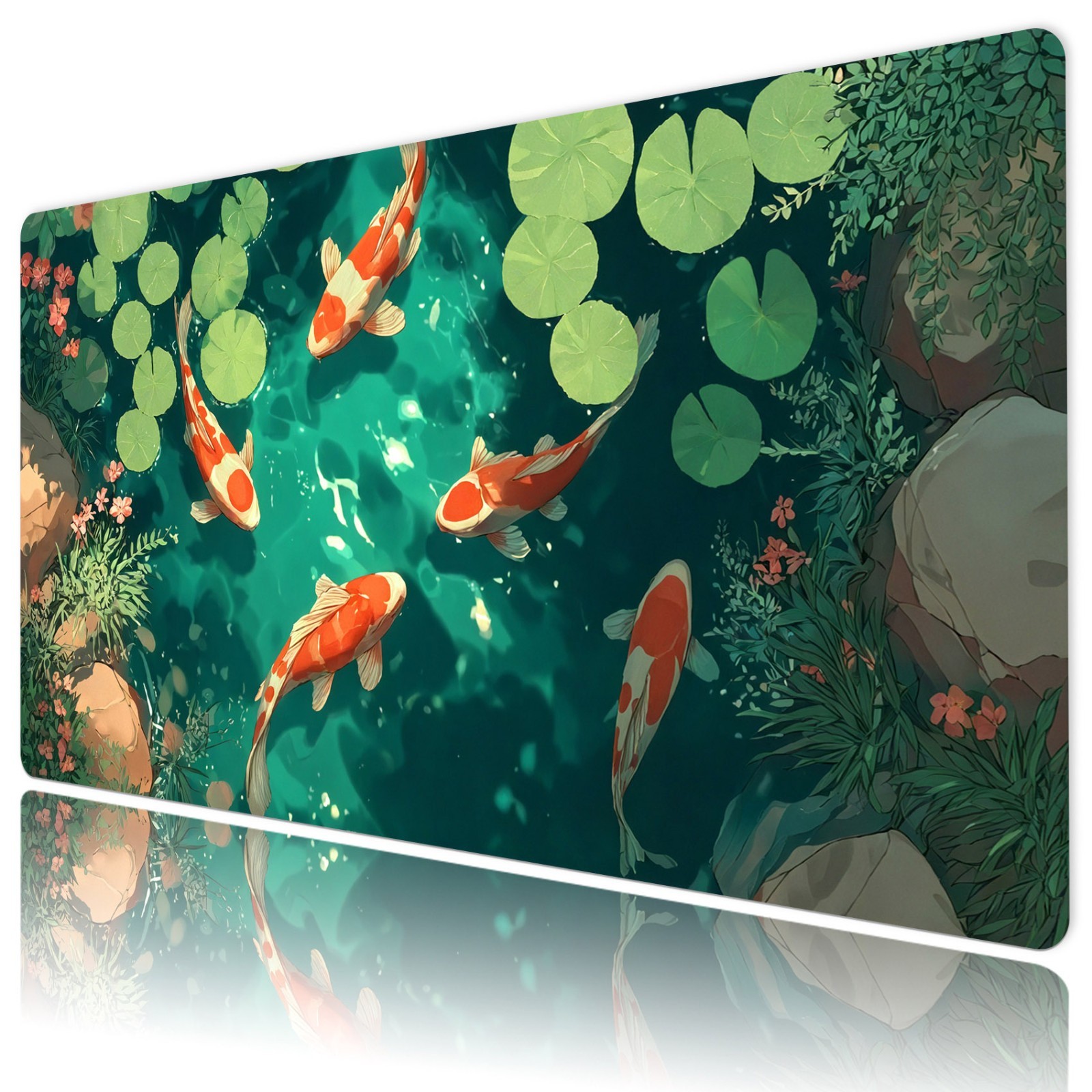 Botanical Green Leaf Cute Koi Fish Desk Mat for Keyboard and Mouse Desk Pad