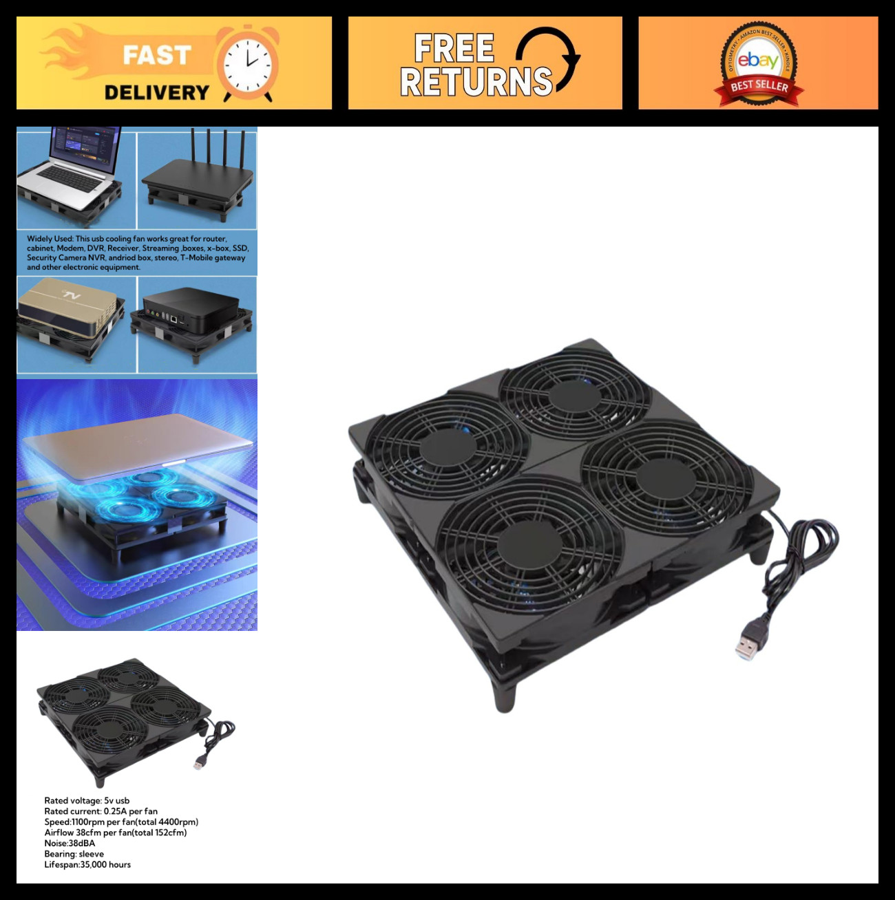 5V USB Cooling Fan 120mm x 4 - 152CFM High Airflow for Router, PC, Mac Mini, Pla
