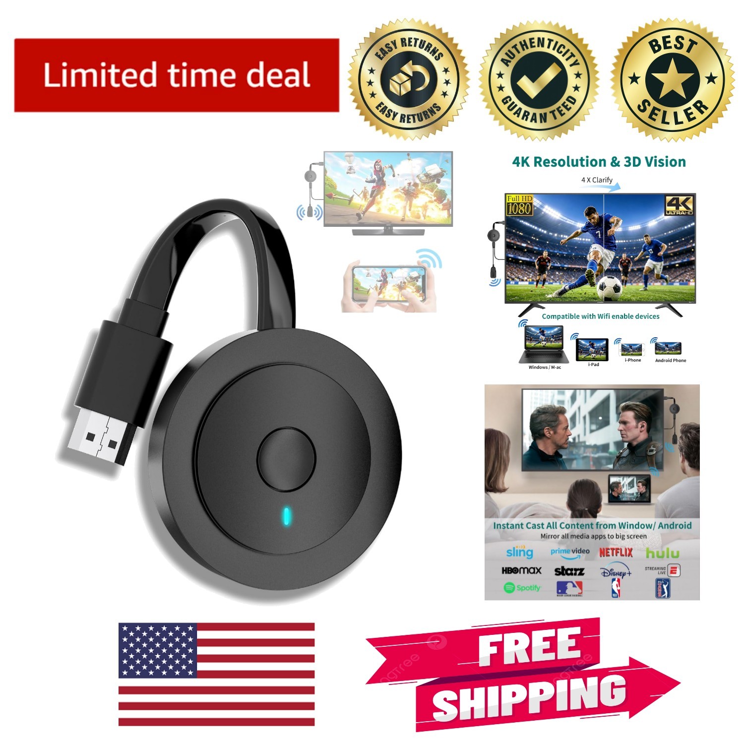 Compact 4K HDMI Wireless Display Dongle: Stream and Mirror Effortlessly