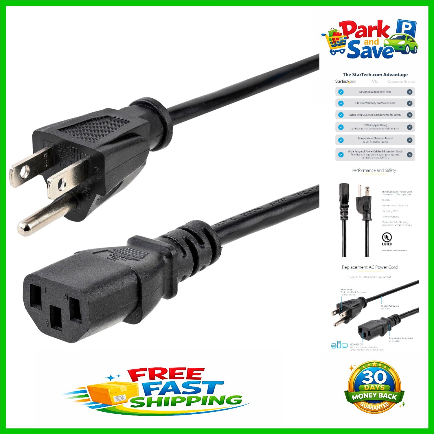 High-Quality 10FT Power Cord - NEMA 5-15P to C13 for Monitors and Printers