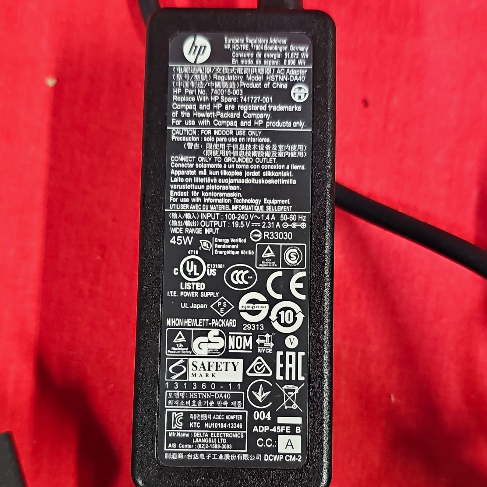 HP 45W AC Power Adapter Charger 19.5V 2.31A Black HSTNN-DA40 740015-003