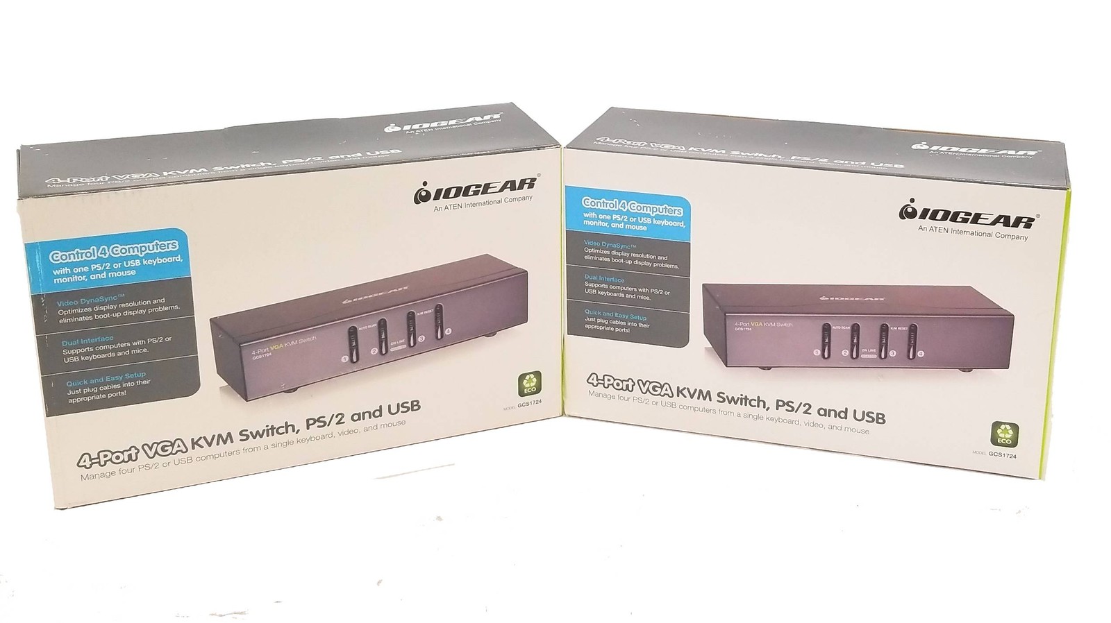 Lot of 2 IOGEAR 4 Port VGA KVM Switch w/ 4 VGA Cables GCS1724, No Power Adapter