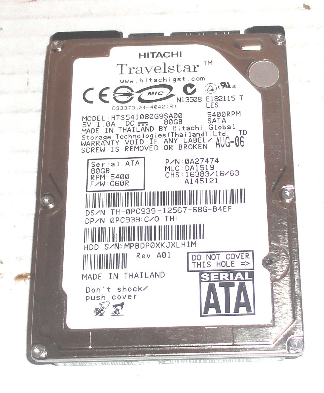 Hitachi HTS541080G9SA00 80GB Sata Hard Drive P/N: 0A27474 MLC: DA1519