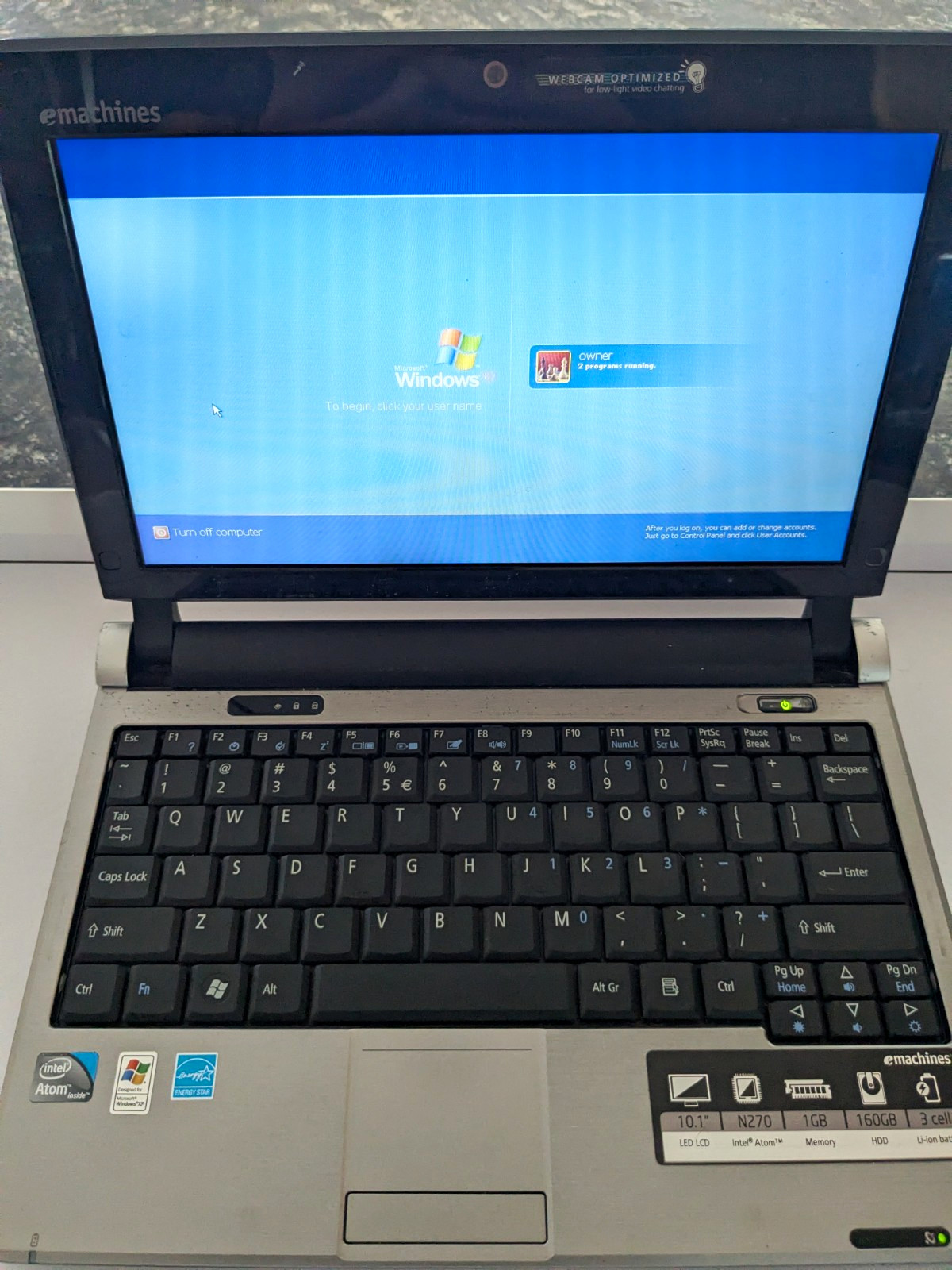 Working eMachines Netbook XP Intel Atom N270 1.60GHz 1GB 160GB HDD 10.1" Charger
